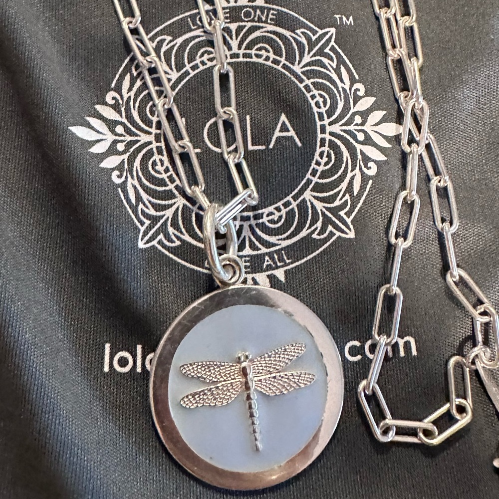 LOLA dragonfly Medium lavender Pendant silver paperclip 18” adjustable chain